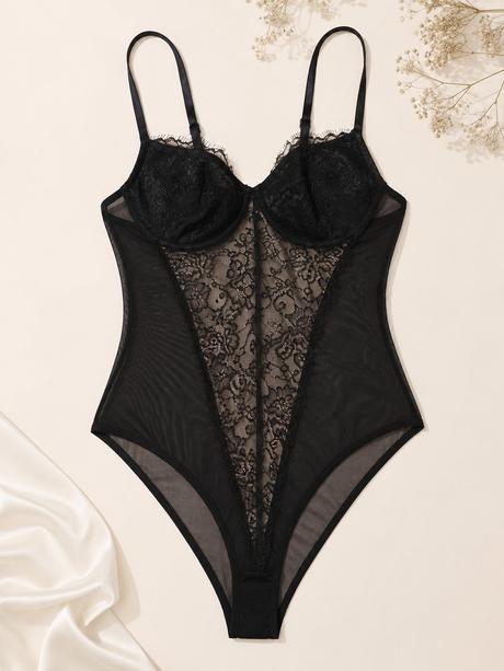 Elegantné čierne čipkované body, lingerie body, s