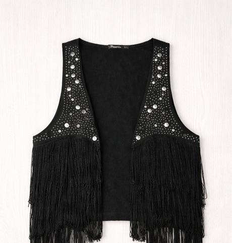 Dámska čierna vesta s strapcami, l