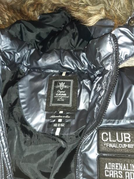 Lesklá tmavošedá bunda s kapucnou, 152