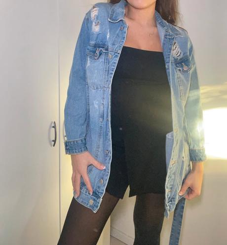 Rifľová bunda s opaskom a kabelkou erika fashion, s