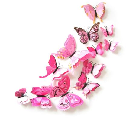 Nálepka na stenu - motýliky 3d - ružové - mix 12 k,