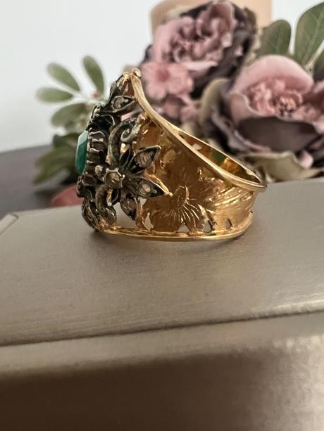 Velmi stary stieborny prsten pozlateny 18k zlatom, 