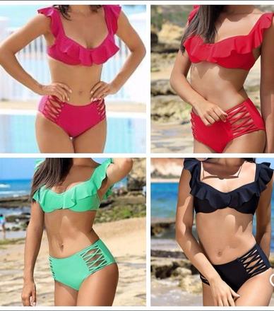 Dámske dvojdielne plavky s vyšším pásom a volániko, 36 - xl