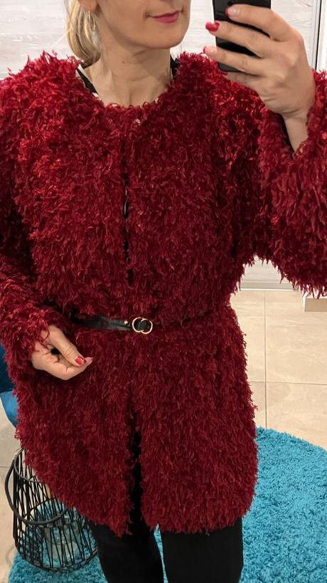 Dámsky bordový huňatý kardigán, l / m / s