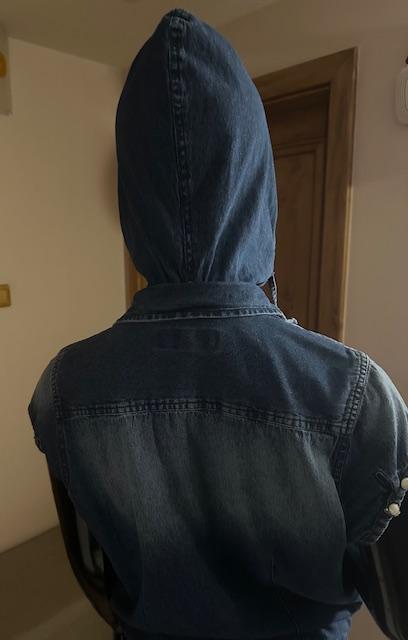 Džínsový overal na zips s kapucňou zn. retro, m