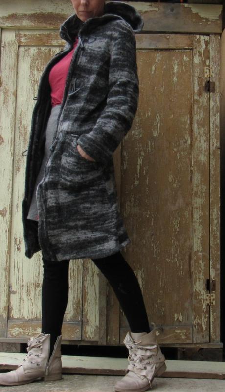 Melírovaný prechodný vlnený kabát s kapucňou, s