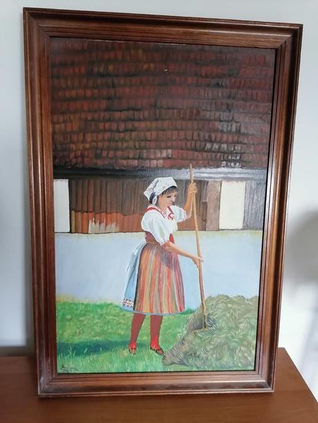 Signovany zarámovaný obraz - hrabačka sena, 