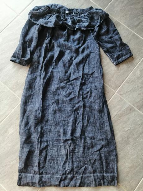 Ľanové modré maxišaty vm, carmen výstrih,volán, m