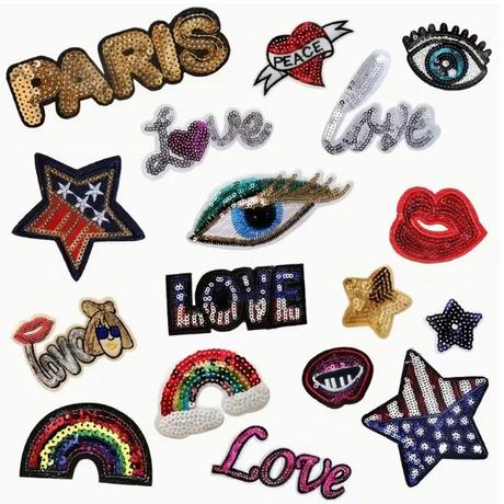 Pestré aplikácie s flitrami/nášivka/nažehľovačka, 