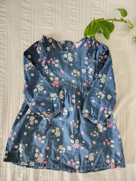 Modré šaty s kvetinami/ kvetinkové šaty riflové, 92