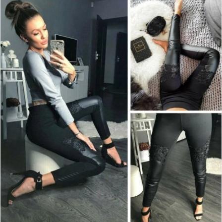 Štýlové legíny lesklé s čipkou, veľkosť l, l