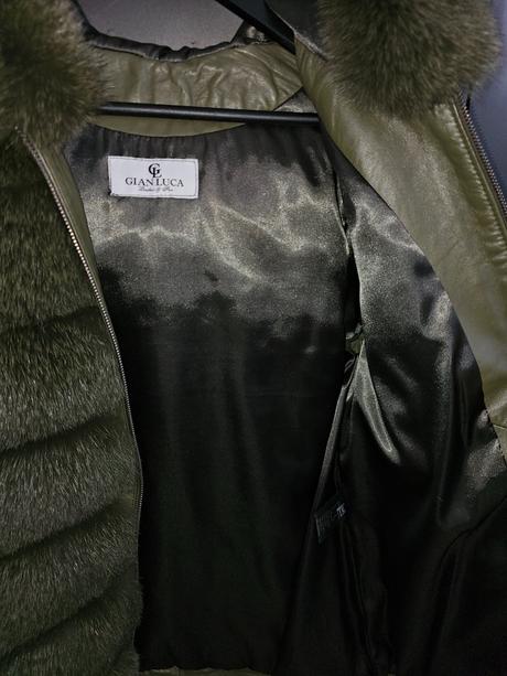 Khaki kožuch z líšky a pravej kože, m