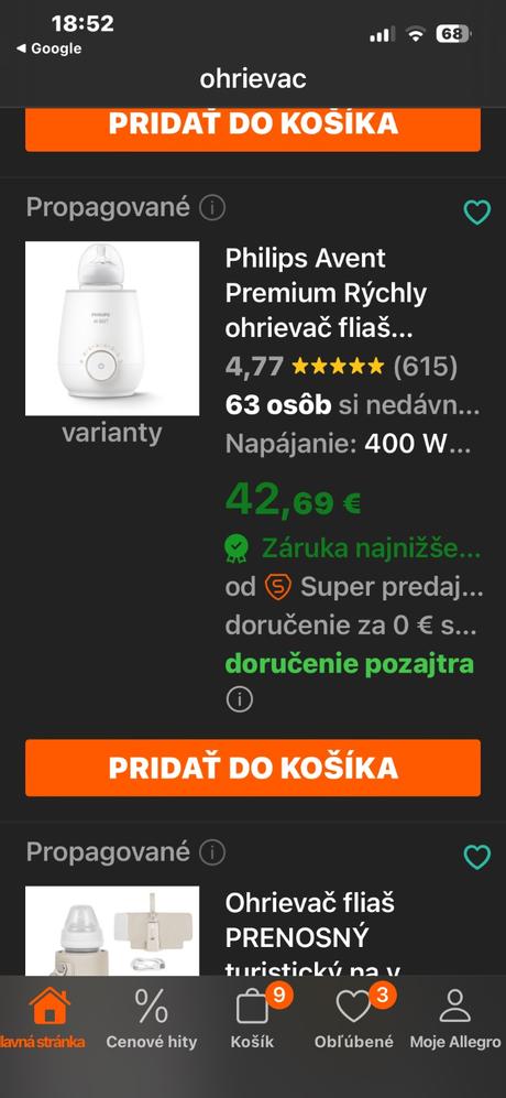 Ohrievac mlieka, avent