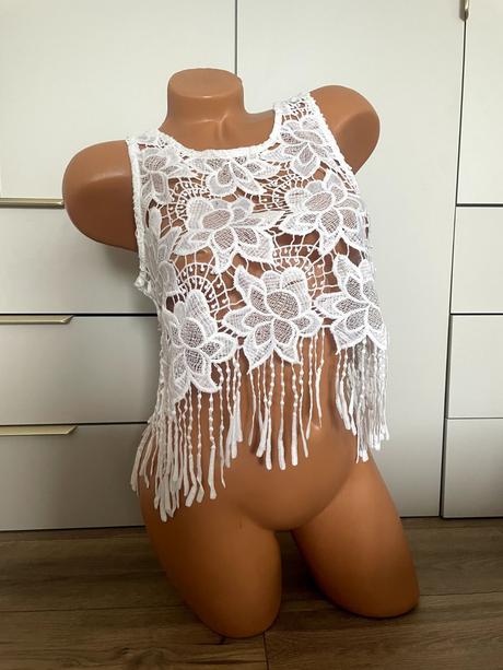 Biely čipkovaný crop top, xs/s, xs