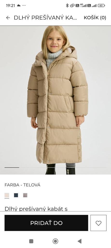 Predám dievčenský dlhý prešívany kabát, reserved,146