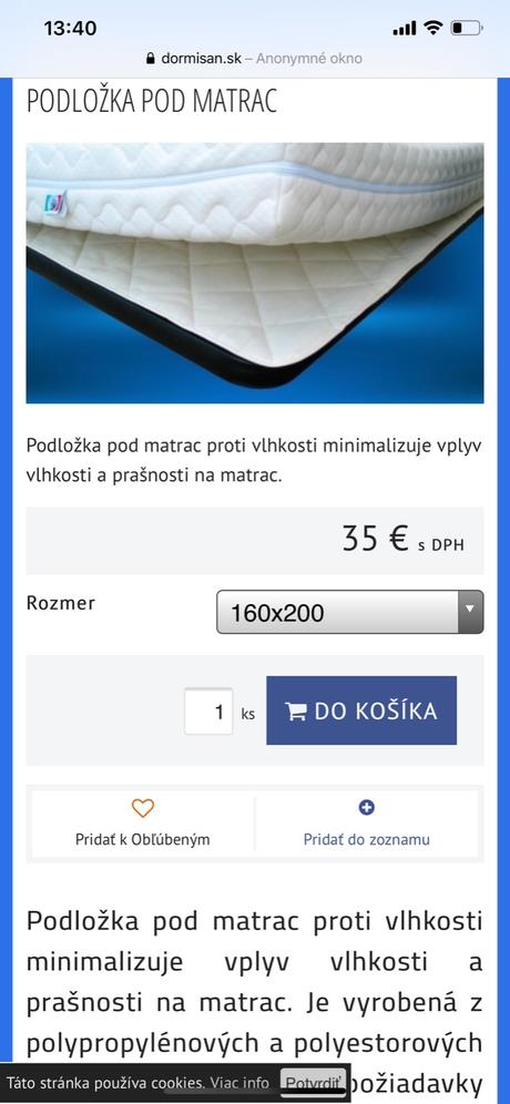 Podlozka pod matrac, šírka (cm): 160,dĺžka (cm): 200