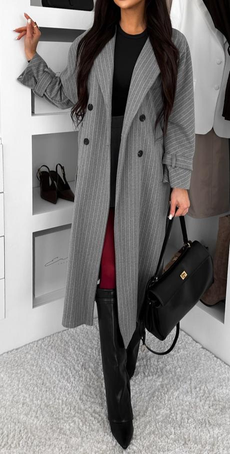 Svetlosivý dlhý pruhovaný kabát seppy, 