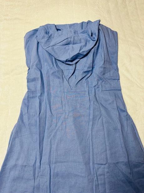 Bledomodré ľanové voľné šaty s kapucňou xl, xl