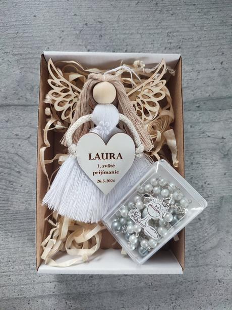 Macrame anjelik a ruzenček k prvému svätému prijím, 
