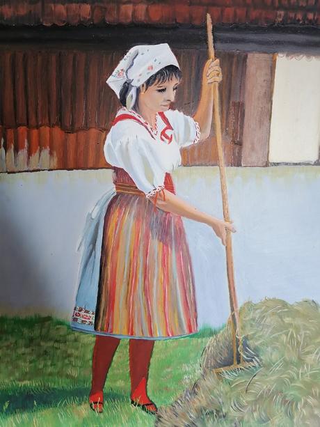 Signovany zarámovaný obraz - hrabačka sena, 