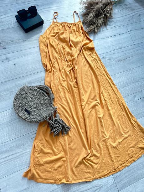 Horčicové maxi šaty na ramienka,, h&m,l