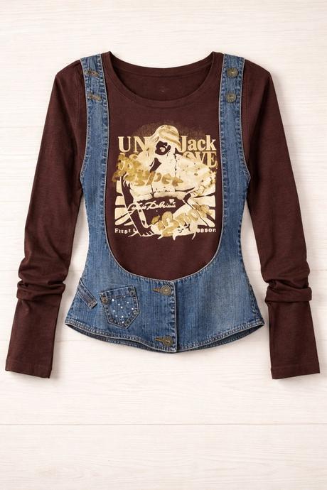 Dámske tričko s denimovým korzetovým detailom, s