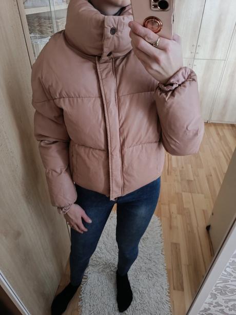 Staroružová zimná kratšia bunda s koženkovým efekt, s