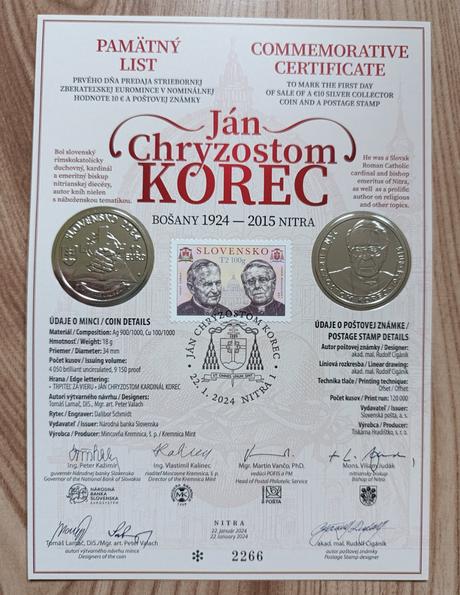 Pamätný list 2024 slovensko, ján chryzostom korec,