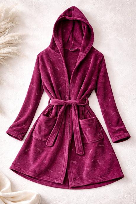 Dámsky bordový župan s kapucňou, s