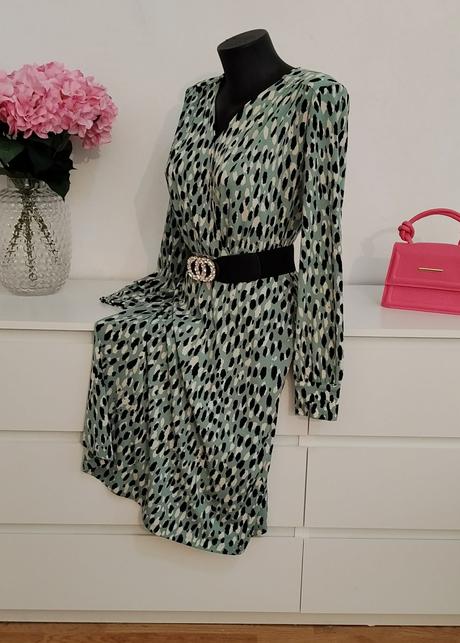 H&m elegantné mint vzorované šaty s dlhým rukávom, h&m,s