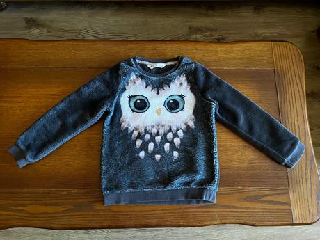 Teplá chlpatá mikina so sovičkou 122/128, h&m,122