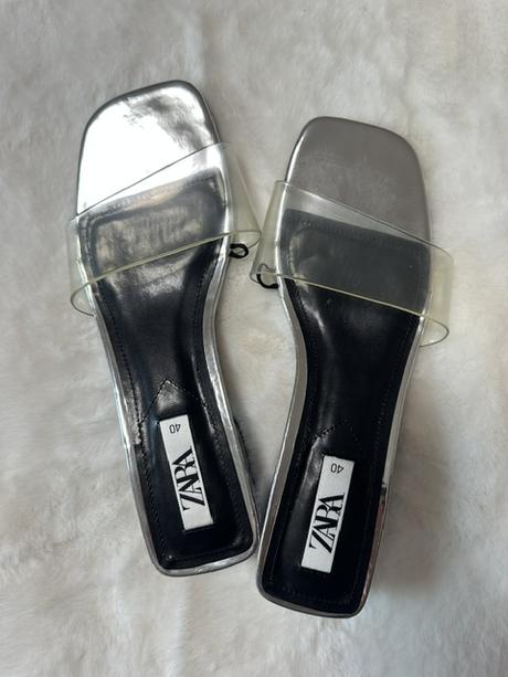 Kožené šľapky s vinylom na nízkom podpätku zara, zara,40
