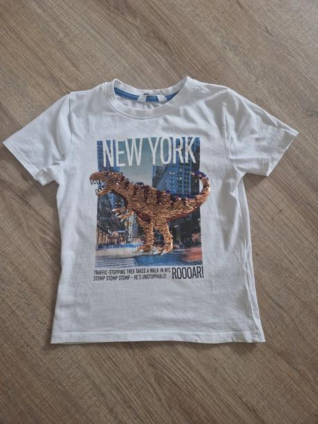 Tričko dinosaurus s meniacim flitrami 122/128, h&m,128