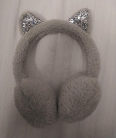 Sivé zimné klapky na uši pre dievčatá, mačička,