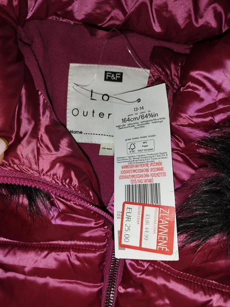 Nová dievčenská bunda 13-14 rokov, f&f,164