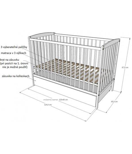 Detská postieľka klasik, 120x60 cm - biela, šírka (cm): 60,dĺžka (cm): 120
