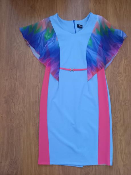 Modré šaty s farebnými rukávmi, č.42, 42