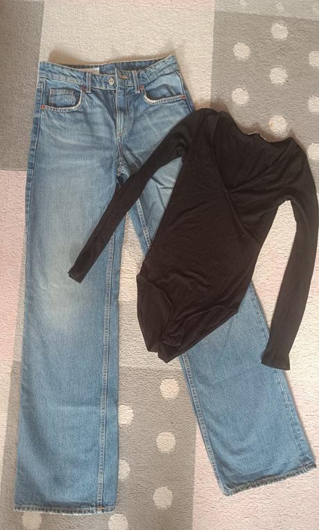 Rifle 34 rovné široké zara + body top 34-36 velk, xs