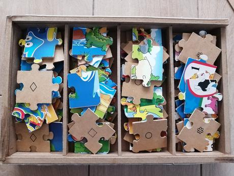 Drevené puzzle 4 x 24 dielikov v krabici, 