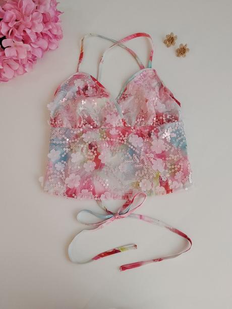 Y2k coquette pastelový crop top s flitrami, s