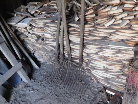 Staré náradie vidly s drevenou rukoveťou,,