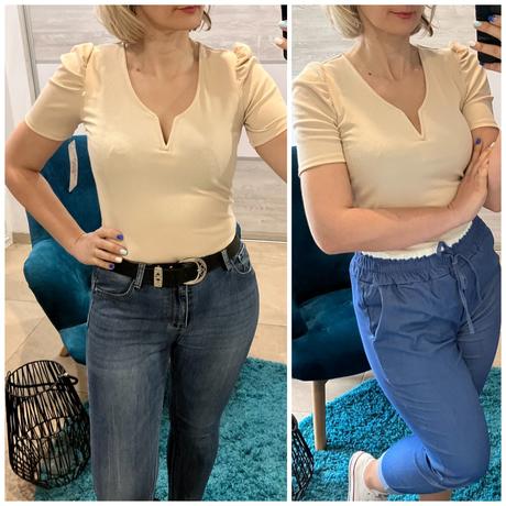 Rebrované tričko s naberanými rukávmi béžové, l / m / s