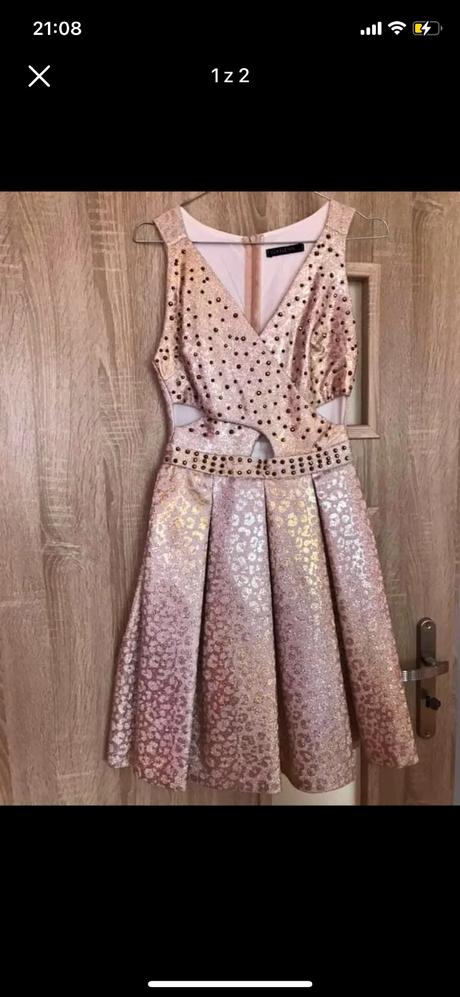 Bledoružové šaty so zlatými doplnkami, zara,36