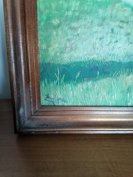 Signovany zarámovaný obraz - hrabačka sena, 