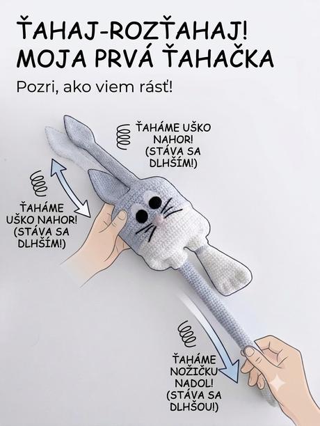 Háčkovaná hračka zajačik - ťahací / darček pre det,