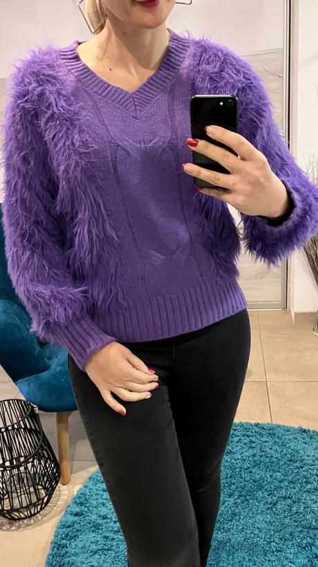 Dámsky huňatý sveter fialový l/xl, l / xl