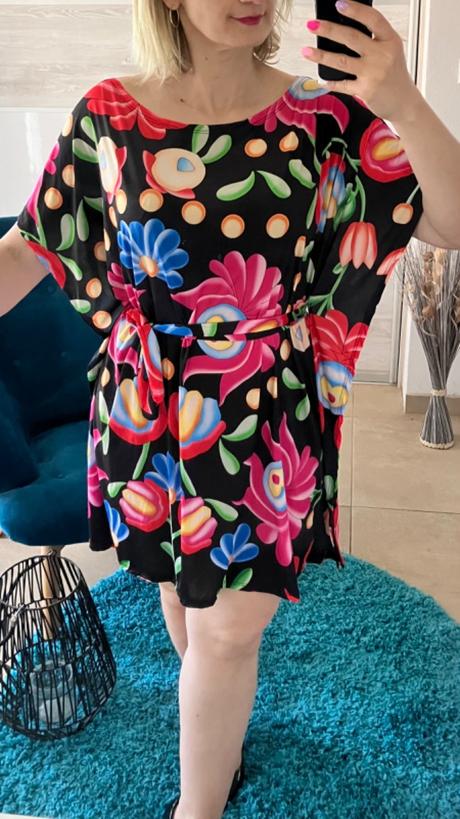Oversize netopierie šaty s opaskom kvetované, l / m / s / xl