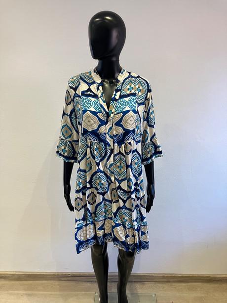 Vzorované šaty s 3/4 rukávom a volánom modré, l / m / s / xl