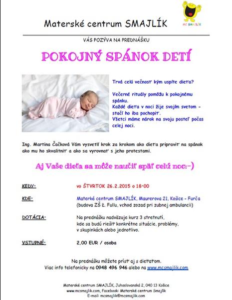 Prednáška "Pokojný spánok detí" v Košiciach na Furči