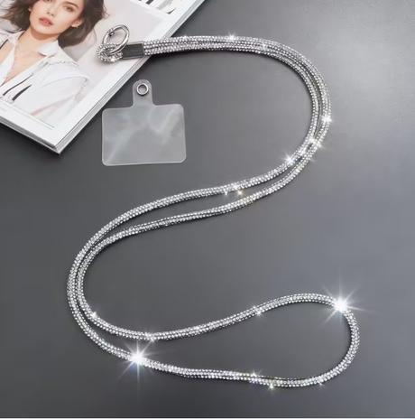 Luxusná štrasová šnúrka na telefón s diamantovým e, 